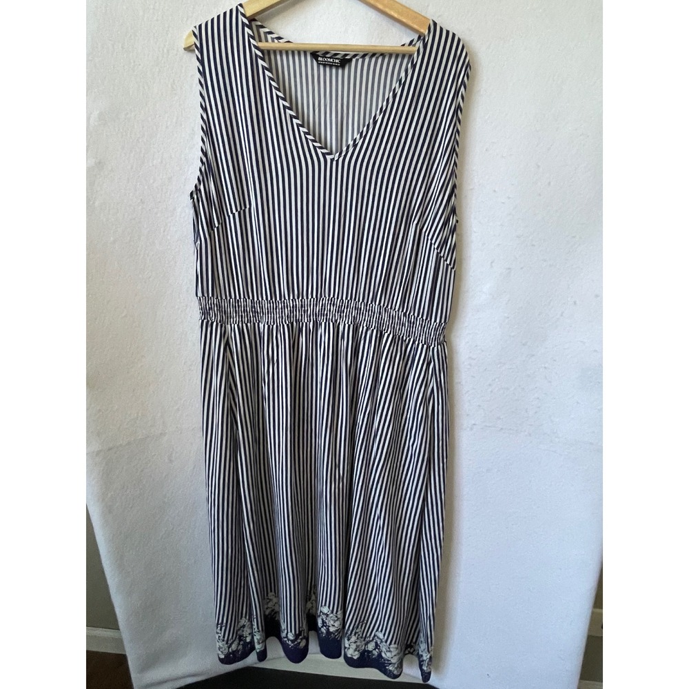 Bloomchic Navy White Striped Floral Border Midi Dress V-Neck Smocked Waist 18-20